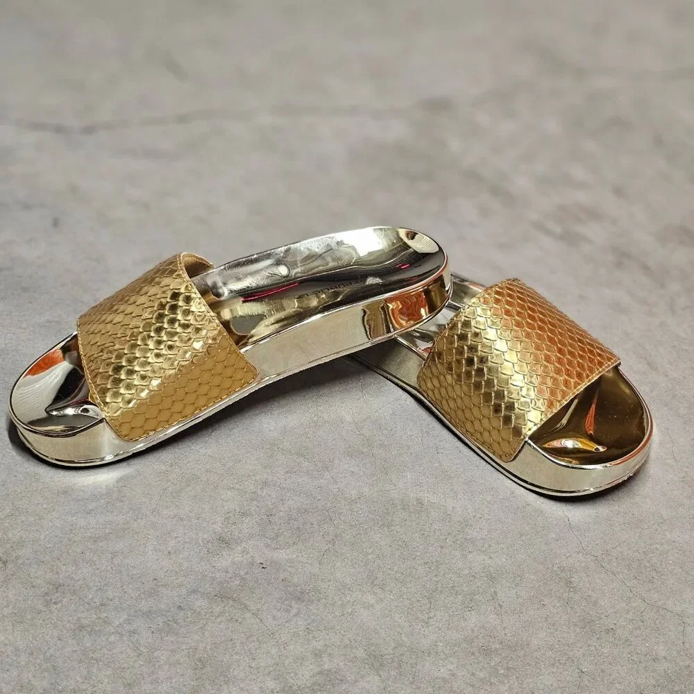 Metallic Gold Snake Pattern Slide Sandals With Reflective Sole - Stylish & Comfo